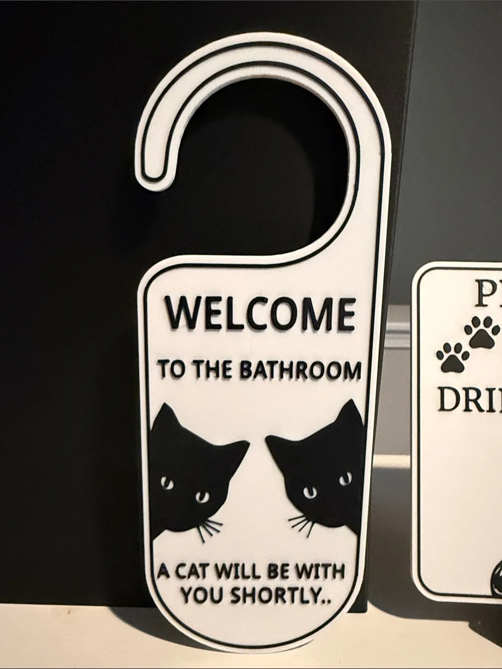 Black & White Cat Bathroom Door Hanger and Sign Set